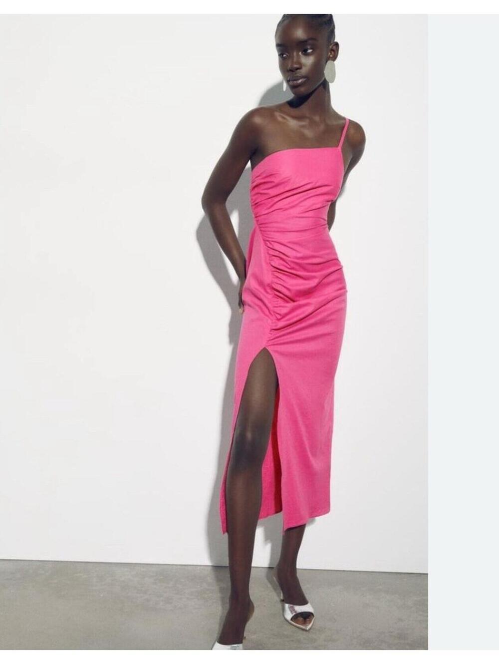 New Zara Draped Asymmetrical Linen Blend Mifi Dress Fuchsia Pink Sz Small S
